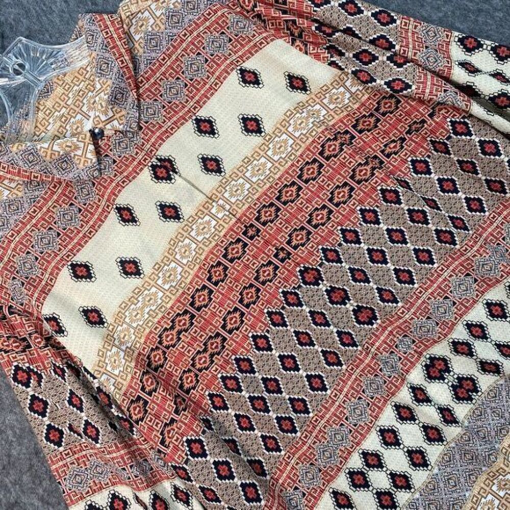 Chico's 3 L‎ Ikat Geo Print Long Button Up Silhouette Tunic Boho Artsy Flowy
